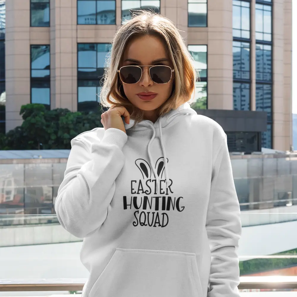 Women's "Easter Hunting Squad" Graphic Printed Hoodie, Casual Three-Panel Fleece Hoodie, Cute Easter Bunny Letter Print Top, Egg Hunt Outfit, Easter Gifts for Women