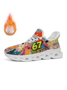 Fleece Lined Casual Sports Shoes, Graffiti Design Unisex Kids, Textile Upper, Eva Sole, Fall & Winter Warm, Versatile Sneakers, Athletic Sneaker Footwear