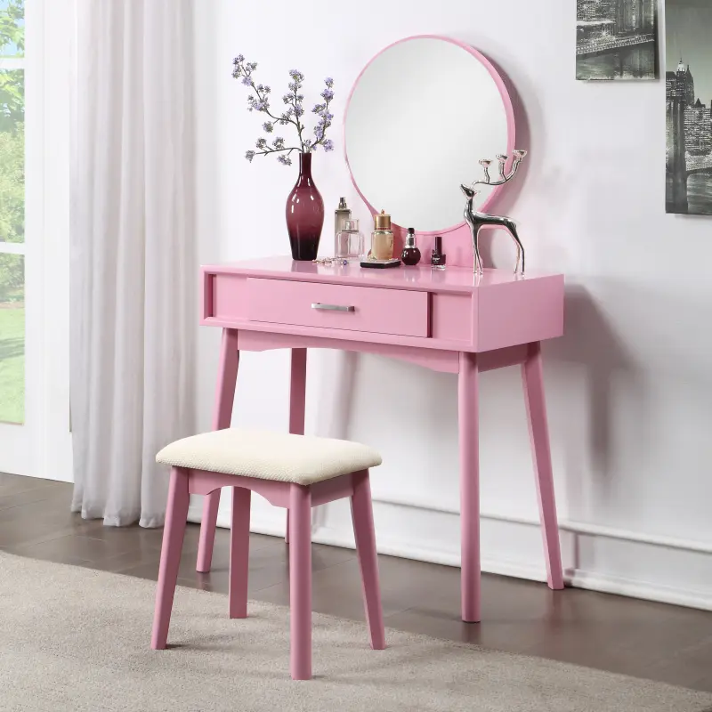 Blush Pink Contemporary Solid Wood Makeup Vanity and Stool Set - Indoor Home Furniture Dresser with Round Mirror, Storage Organization, 32.28"w x 16.54"d x 52.75"h, Extra Seating, Assembly Required
