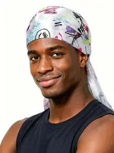 Men's Durag Random Print Graffiti Pattern Fashion Pirate Hat Loose Fit, Comfortable Breathable Sporty Outdoor Sports Headscarf, Trendy Stylish and Unique Accessory Single Unit