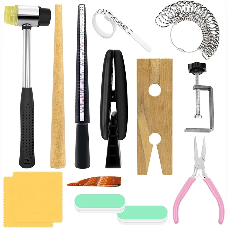 14-Piece Jewelry Making Tool Set, Jewelry Making Supplies, Includes Flat Head Jewellery Pliers, V-Shape Slot Bench Pin Vice, Wood Ring Mandrel Shaping Tool, Jewelry Making Kit