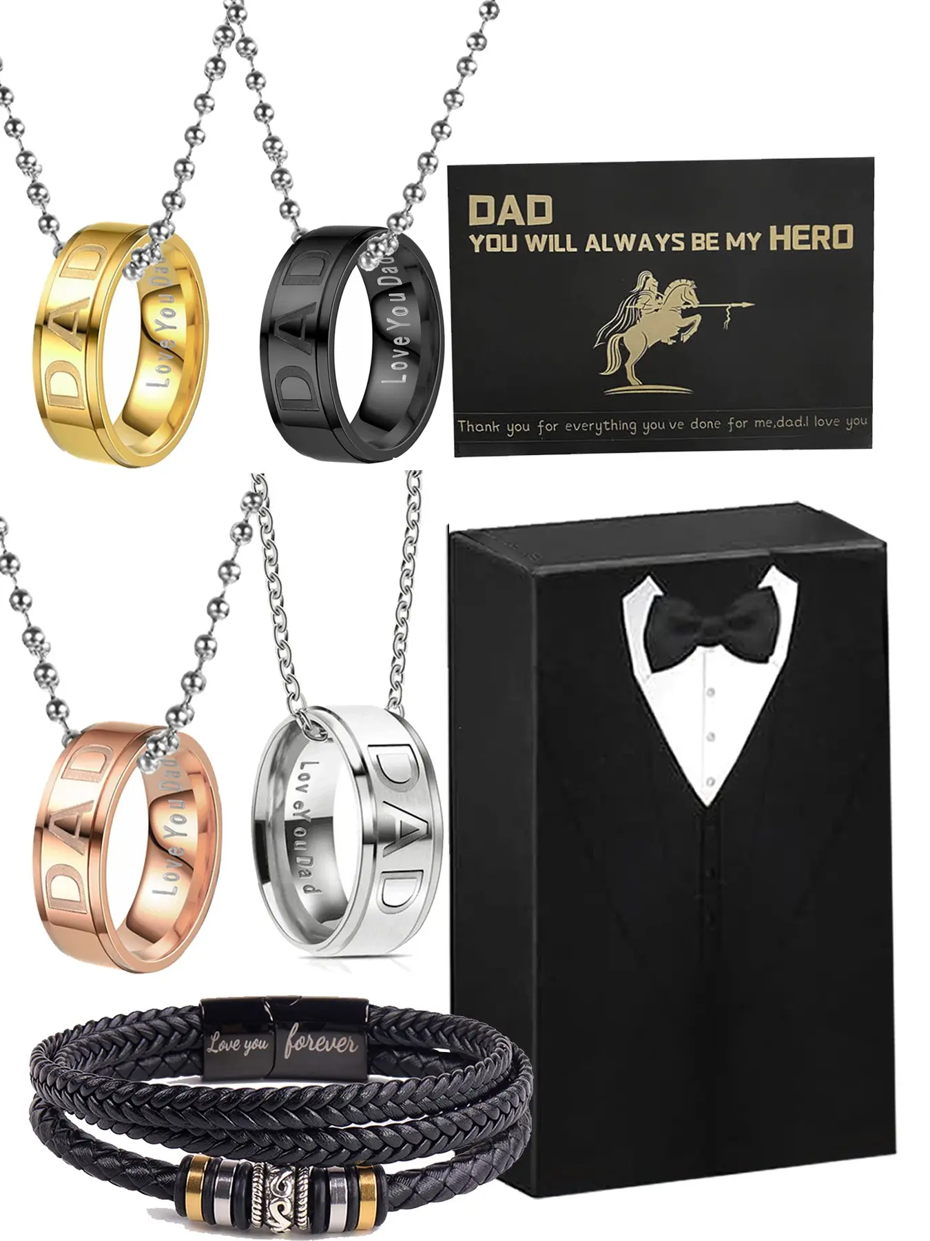 Father's Day Gift for a Superhero Dad: DAD Engraved Ring & Necklace Set (4 Colors) + Eternal Love Braided Leather Bracelet. Premium tie-style gift box. Ideal for Dad, husband, father-in-law, new dad for birthdays, anniversaries or any surprise.