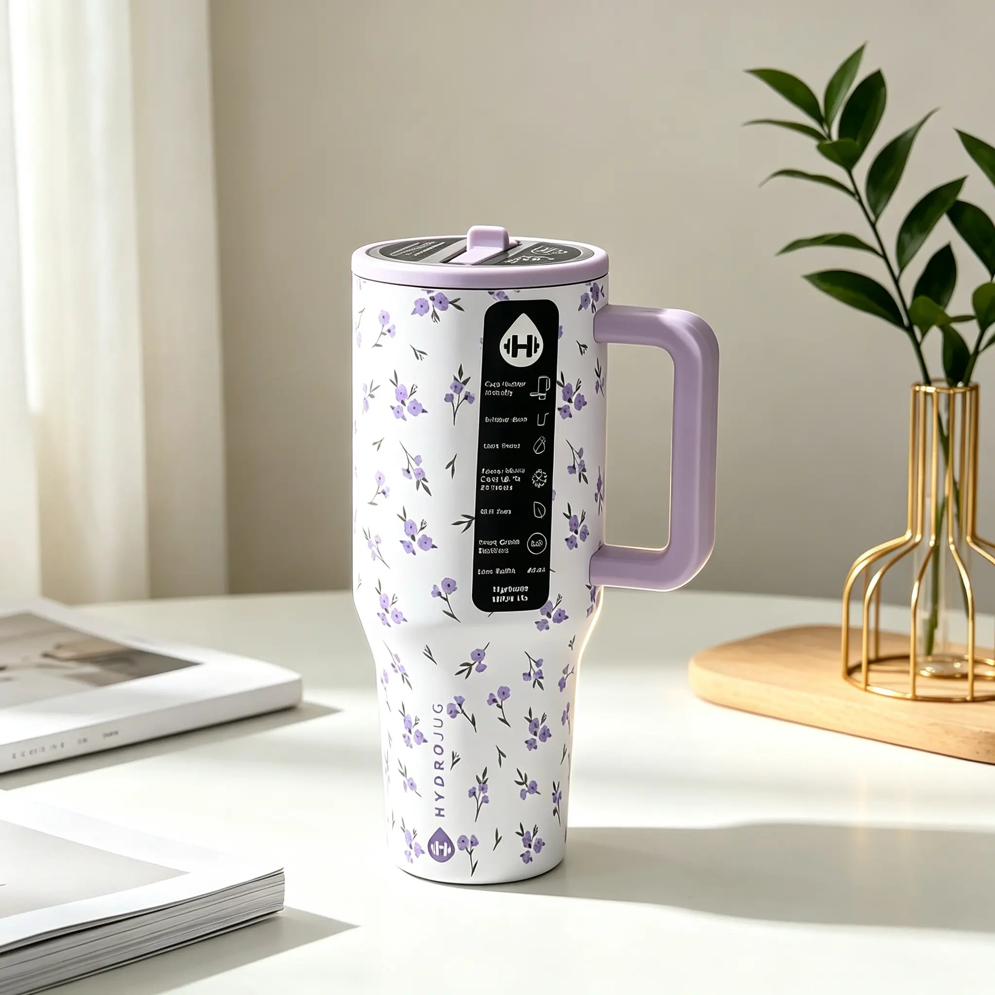 HydroJug 40oz Stainless Steel Insulated Water Bottle, Double-Wall Vacuum Insulated Portable Cup, Equipped With Bendable Straw, Lightweight And Stylish, Suitable For Beverage Storage At Home, Purple Floral Print
