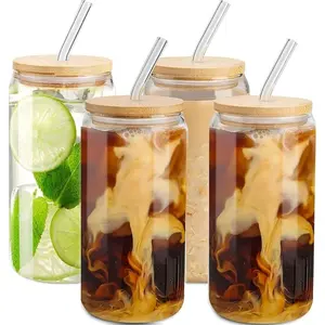 4 pcs Glass Cups with Bamboo Lids and Straws-16 oz