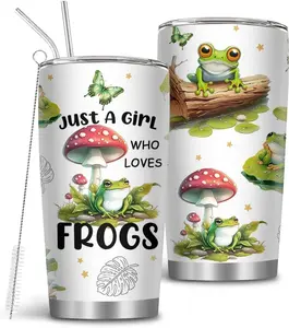 20oz Portable Stainless Steel Reusable Frog-Themed Water Bottle Tumbler, with Brush & Straw, Women's Frog Gift, Kitchenware Drinkware Coffee Mug, Ideal for Thanksgiving & Christmas, 1 PCS (Bottle Water Accessory)