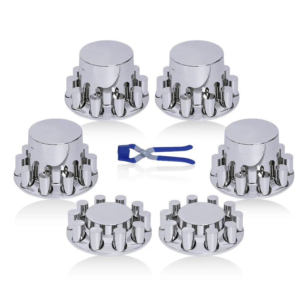 Chrome ABS 33 mm Thread-On Flat Axle Cover Combo Kit, 2 Front and 4 Rear with Removable Hub Caps and Lug Nut Covers for Semi Truck