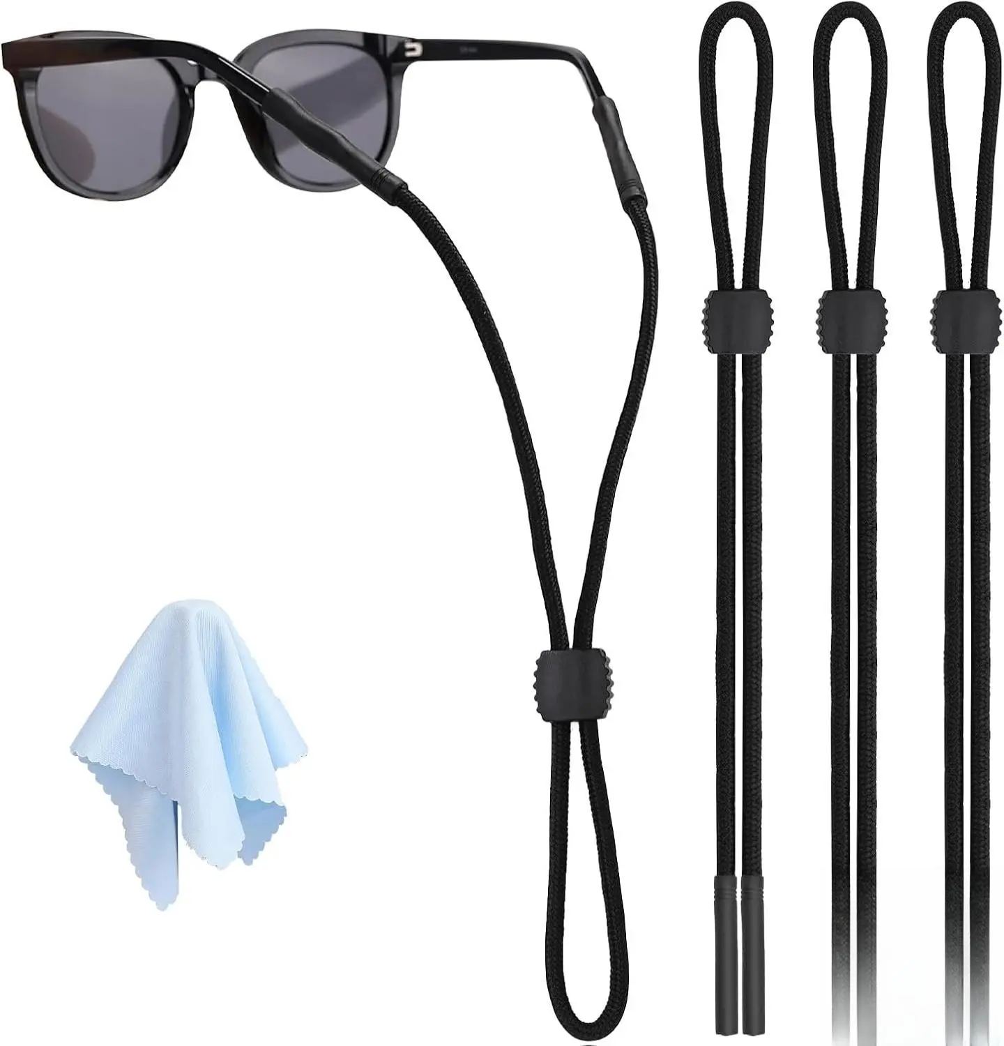 3 Pcs Striped Adjustable Glasses Straps - 1-Size Family (Adults,Kids) Sports Accessory, Neck Eyeglass Holders, Keeps Glasses Secure, Microfiber Cloth, Eyewear Retainer String, Eyeglass Holders Around Neck, Adjustable Straps, Microfiber Glasses Cloth