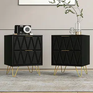 Nightstand Set Of 2, Modern End Side Table With 2 Drawers, Bedside Table With Golden Metal Legs For Living Room, Bedroom Furniture
