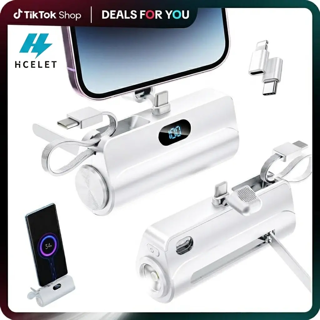 Hcelet 6500mAh Ultra-Compact Mini Capsule Portable Charger - 22.5W High-Speed Dual-Port USB-C Power Bank, Phone Stand, Flashlight, Digital Display, USB-C to Lightning Adapter for iPhone 16-12, Android Phones, High-Speed Dual-Port Usb-C Power Banks