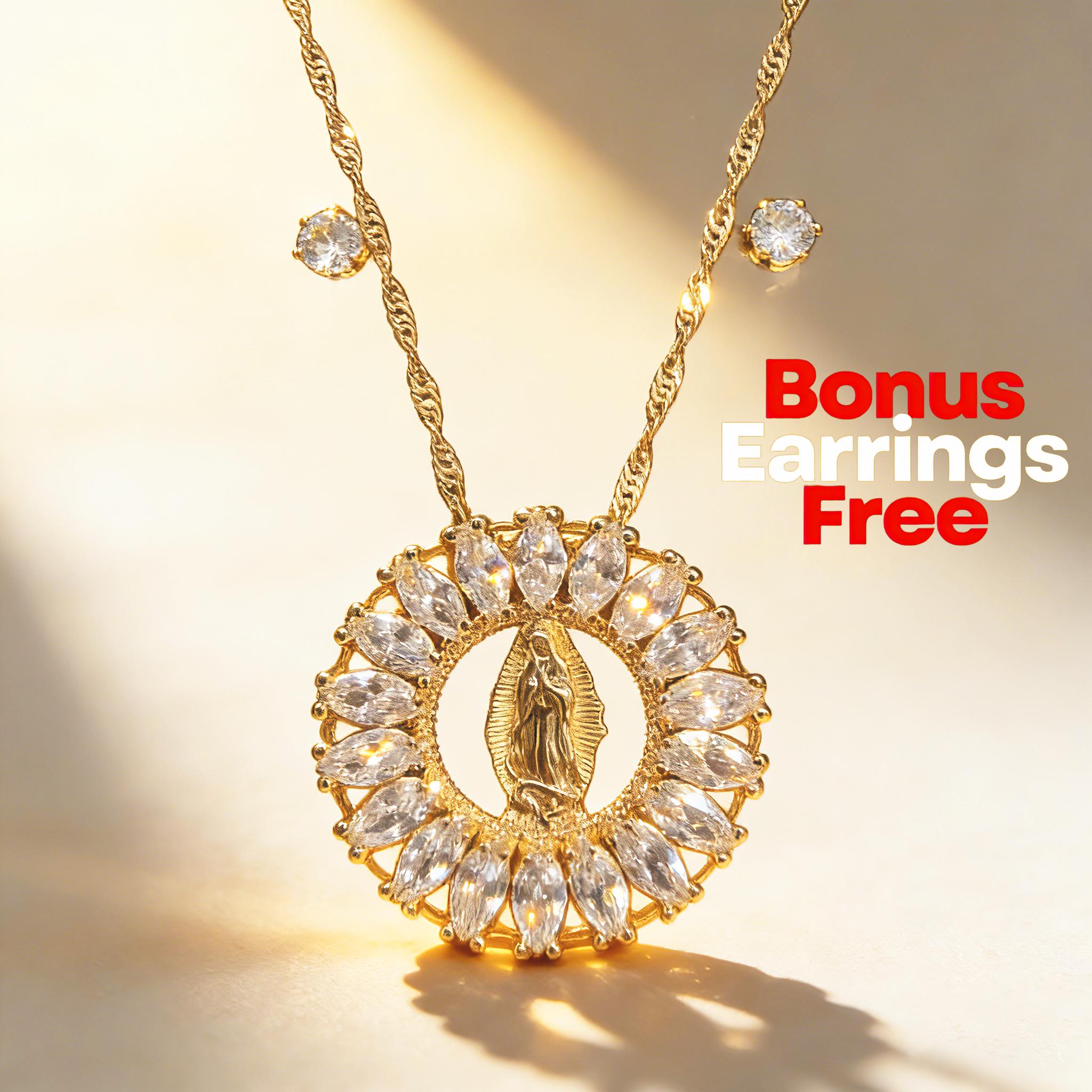 Two-piece 14K gold-plated pendant necklace set, with an 18-20 inch adjustable chain, women's jewelry set, Virgin Mary Catholic design, elegant vintage style necklace, comes with a beautiful gift box.