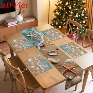 JIT 2D Flat Ocean Wave and Seashell Digital Print Table Runner and Placemats Set, All-Season Elegant Dining Table Decor with Fine Texture, Perfect for Kitchen, Dining Table, Holiday Home, Indoor and Outdoor Everyday and Party Decoration