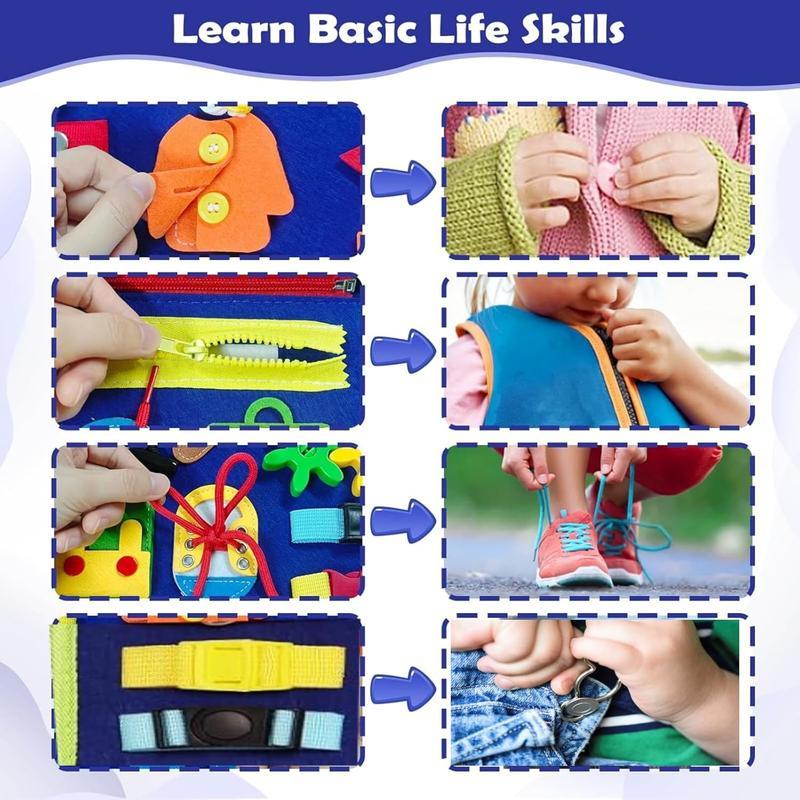 Summer Busy Board Montessori Toys for 1-3 Year Old Boys, Educational Sensory Busy Book for Toddlers 2-4, Learning Activities Toy for Airplane & Car Travel, Blue 3-Page Design