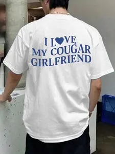 Unisex I Love My Girlfriend Crew Neck Short Sleeve T-Shirt, Fitted Cartoon Design for Spring & Fall, Stylish Casual Streetwear Apparel