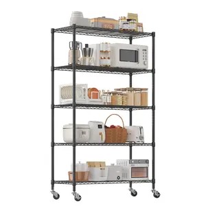 Legooin 5-Tier Rolling Storage Shelf Utility Rack Wire Shelving Unit Organizer Rack for Garage Kitchen Pantry 46"W x 18"D x 72"H 1000lbs Load Capacity, Black