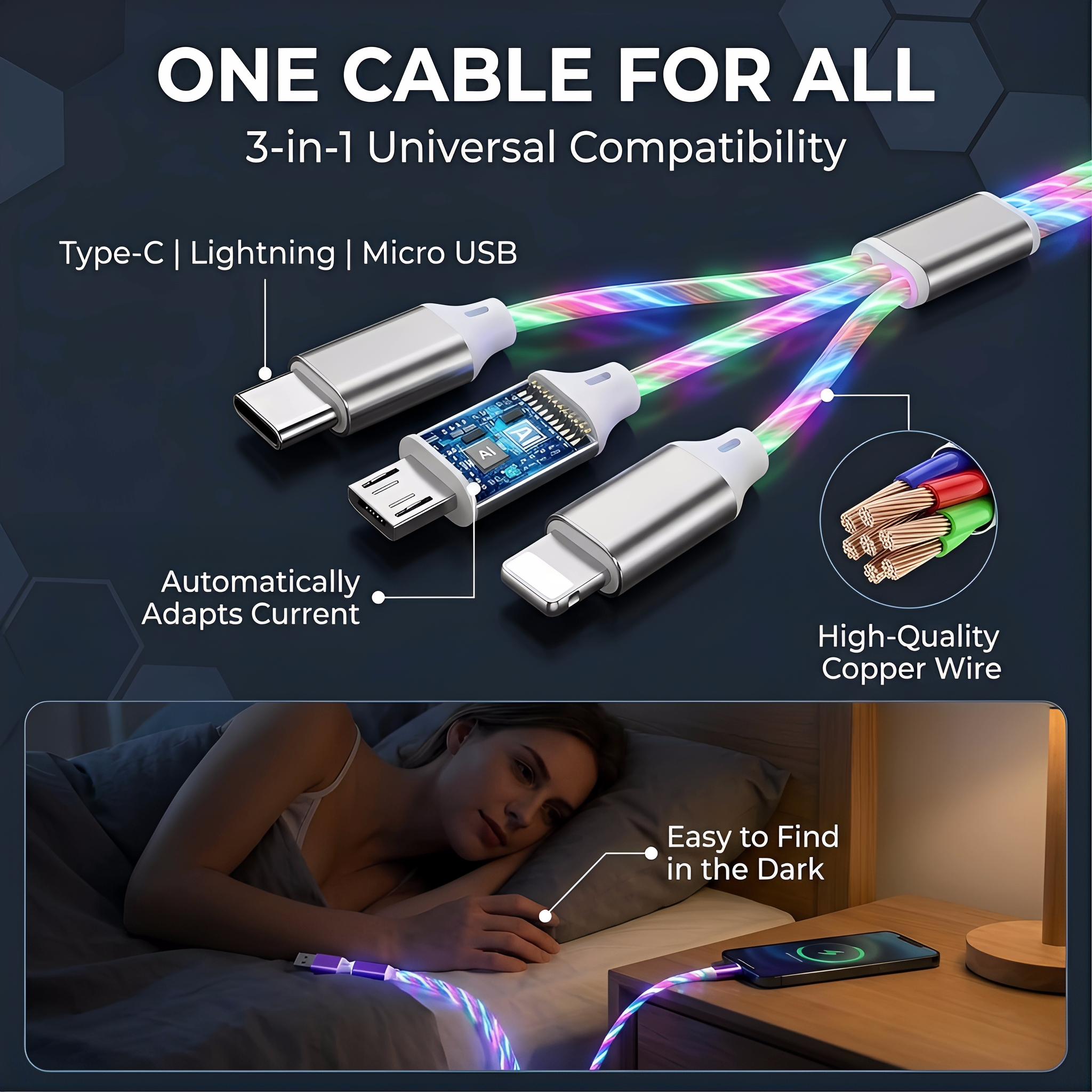 Multi Ports Light-Up USB 3-In-1 Charging Cable, Glowing LED Light Charging Cable, Durable Data Cable, Multifunctional Charging Cable, Super Fast Charger, Phone Accessories for iPhone Android Type C Mobile Phone As Night Light Use Multi Ports Light-Up USB 3-In-1 Charging Cable, Glowing LED Light Charging Cable, Durable Data Cable, Multifunctional Charging Cable, Super Fast Charger, Phone Accessories for iPhone Android Type C Mobile Phone As Night Light Use