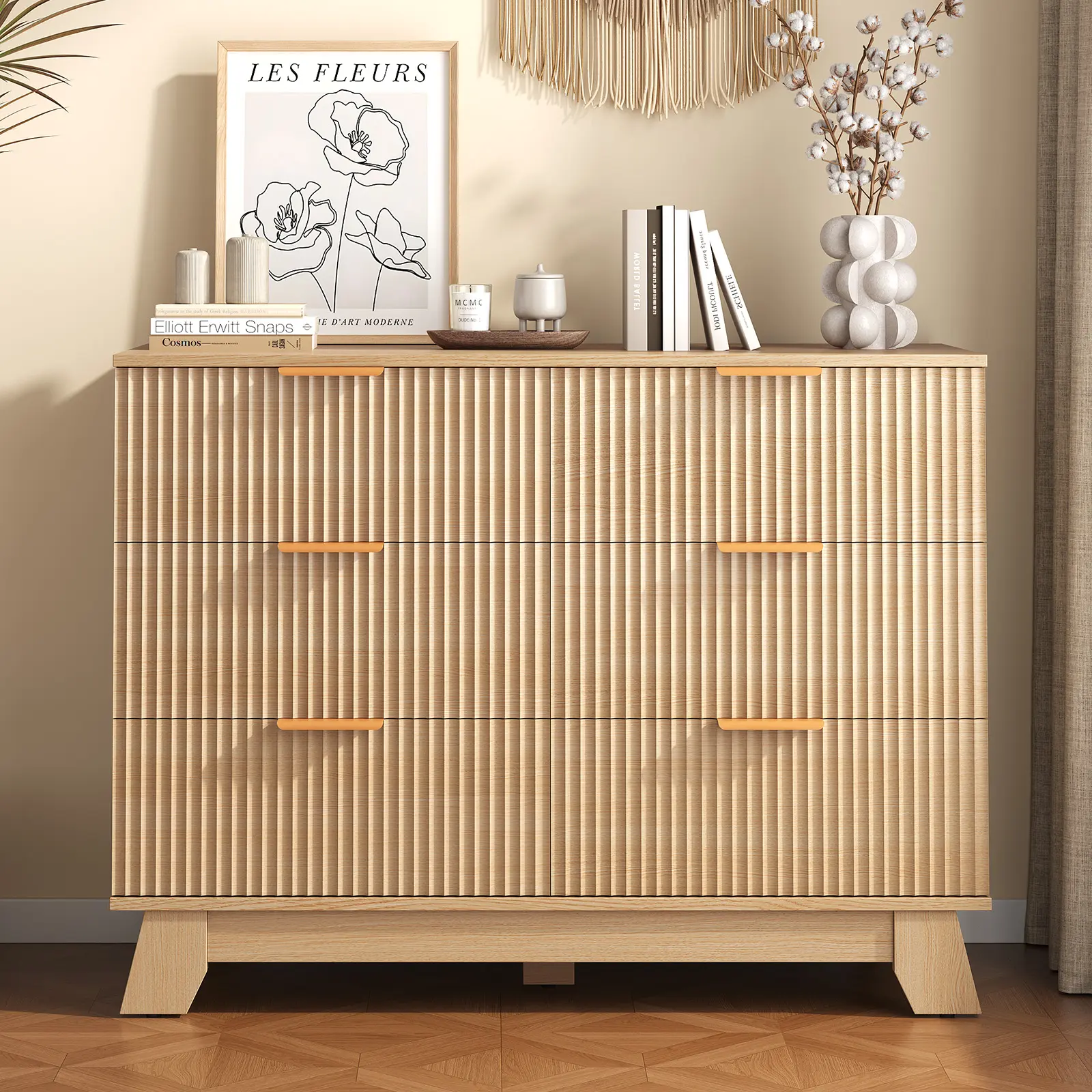 Fabric Fluted Chest of Drawers, Modern 6/8/9-Drawer Fabric Dresser with Metal Frame & Natural Oak Wooden Top, Large Storage Organizer for Bedroom, Living Room