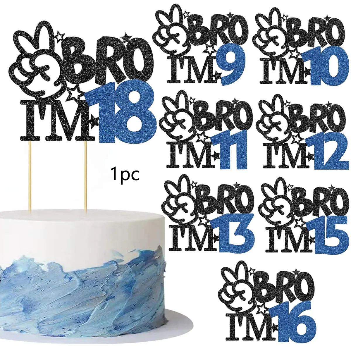 1 PCS Brother I'm 9~18 Bamboo Cake Topper, Cake Topper Decorations, Glitter Star Design Happy 9~18th Birthday Cake Decoration for Cheers to 9~18 Years Old Cake Decorating Supplies