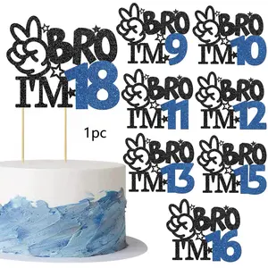 1 PCS Brother I'm 9~18 Bamboo Cake Topper Glitter Star Design Happy 9~18th Birthday Cake Pick Bro I'm 9~18 Cake Decoration It's My 9~18th Birthday Decorations for Cheers to 9~18 Years Old Birthday Party Supplies