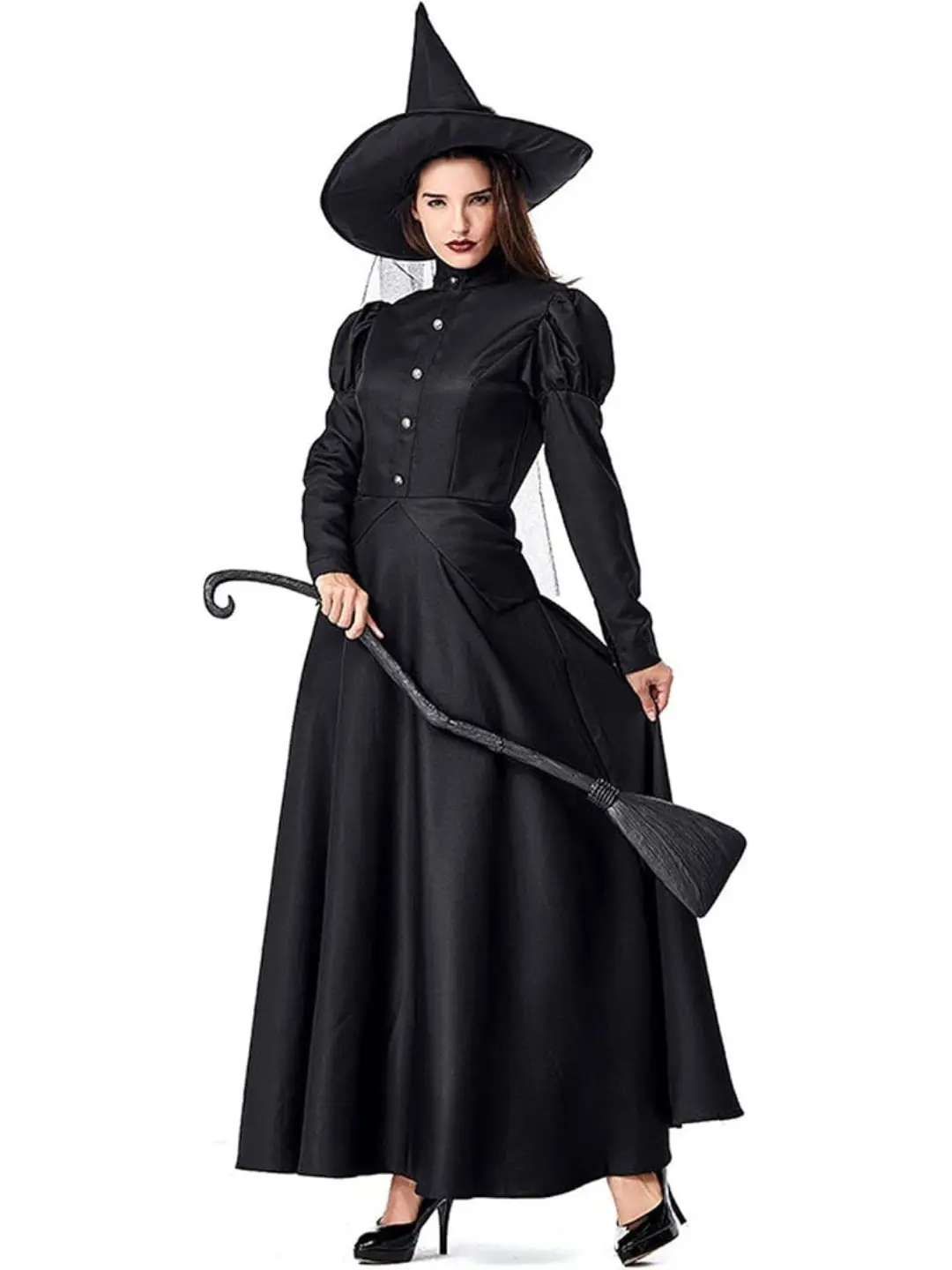 Halloween Gothic Witch Costume Set for Women, Complete Cosplay Outfit with Dress, Petticoat, Hat & Hat Scarf for Party Cosplay
