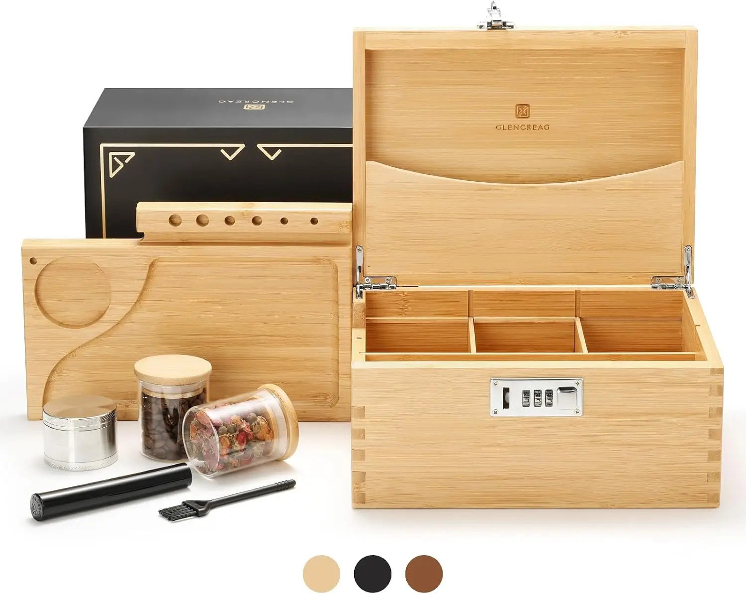 GLENCREAG Storage Box with Rolling Tray, Smell Proof Large Bamboo Storage Box with Lock, Decorative Box Set Includes Glass Jars & Grinder, Gift for Men Women