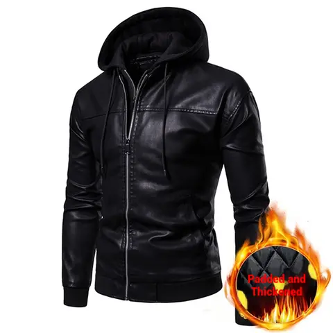 Men's Fitted Waterproof PU Hooded Jacket - Sherpa Fleece Lined, Plain, Casual, Long Sleeve Faux Leather Outerwear for Men's Clothing