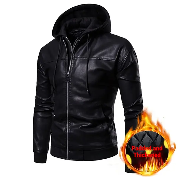 Men's Fitted Stylish Hooded Faux Leather Jacket - Sherpa Fleece Lined, Plain Casual Long Sleeve Menswear Outerwear Top