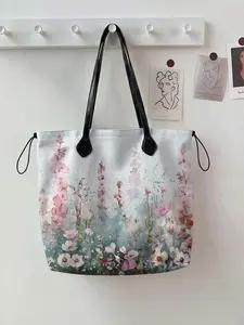 Floral Pattern 2D Printed Drawstring Tote Bag, Large Capacity Shopping Bag, Durable and Wear-Resistant, Suitable for Work, Shopping, Picnic