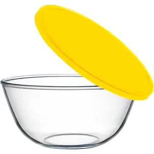 4.7QT Large Glass Mixing Bowl with Yellow Lid, Big Salad Bowl with Lid, Large Glass Bowls for Sourdough and Kithen