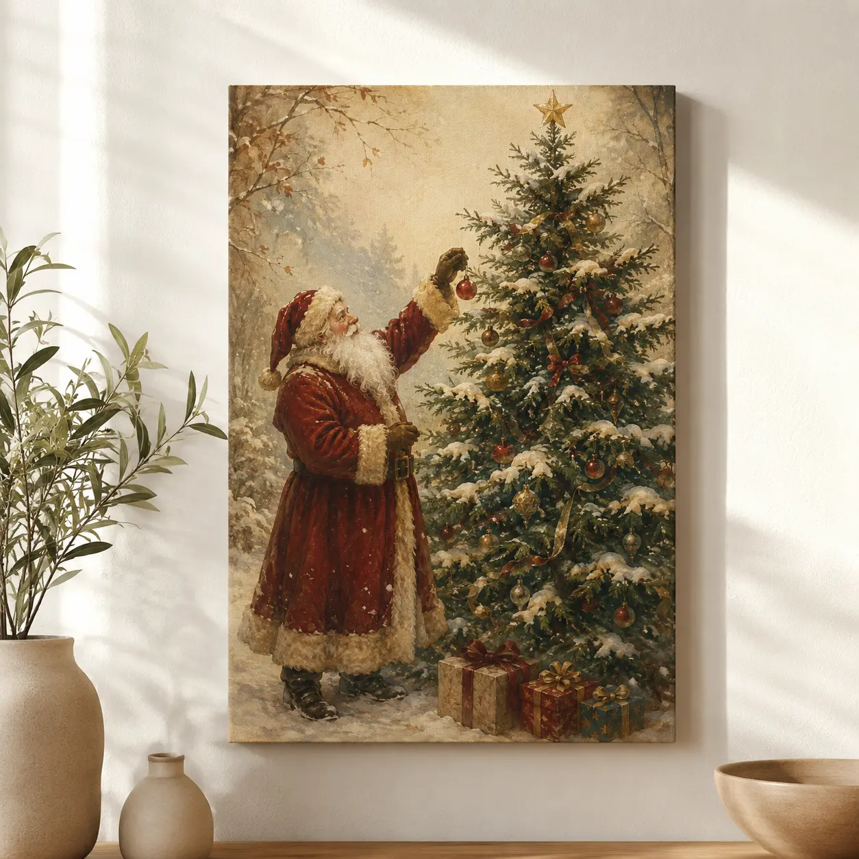 Christmas Wall Art Canvas – Vintage Santa Wall Art, Christmas Canvas Art with Old World Santa Decorating Tree, Victorian Storybook Watercolor Poster or Matte Canvas for Traditional Living Room Decor