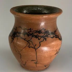 Horsehair Raku Vase, Handcrafted burnished Ceramic Decor Piece made out of clay from Barcelona Spain with blue/green interior glaze.