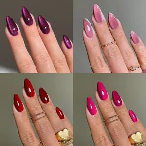 96pcs Box (4 Mix) Medium Long Almond Shape Nails Medium Length Crystal Cat Eye Nail Tips, Short Acrylic Glossy Fake Nails Set with Storage Box, for Women and Girls