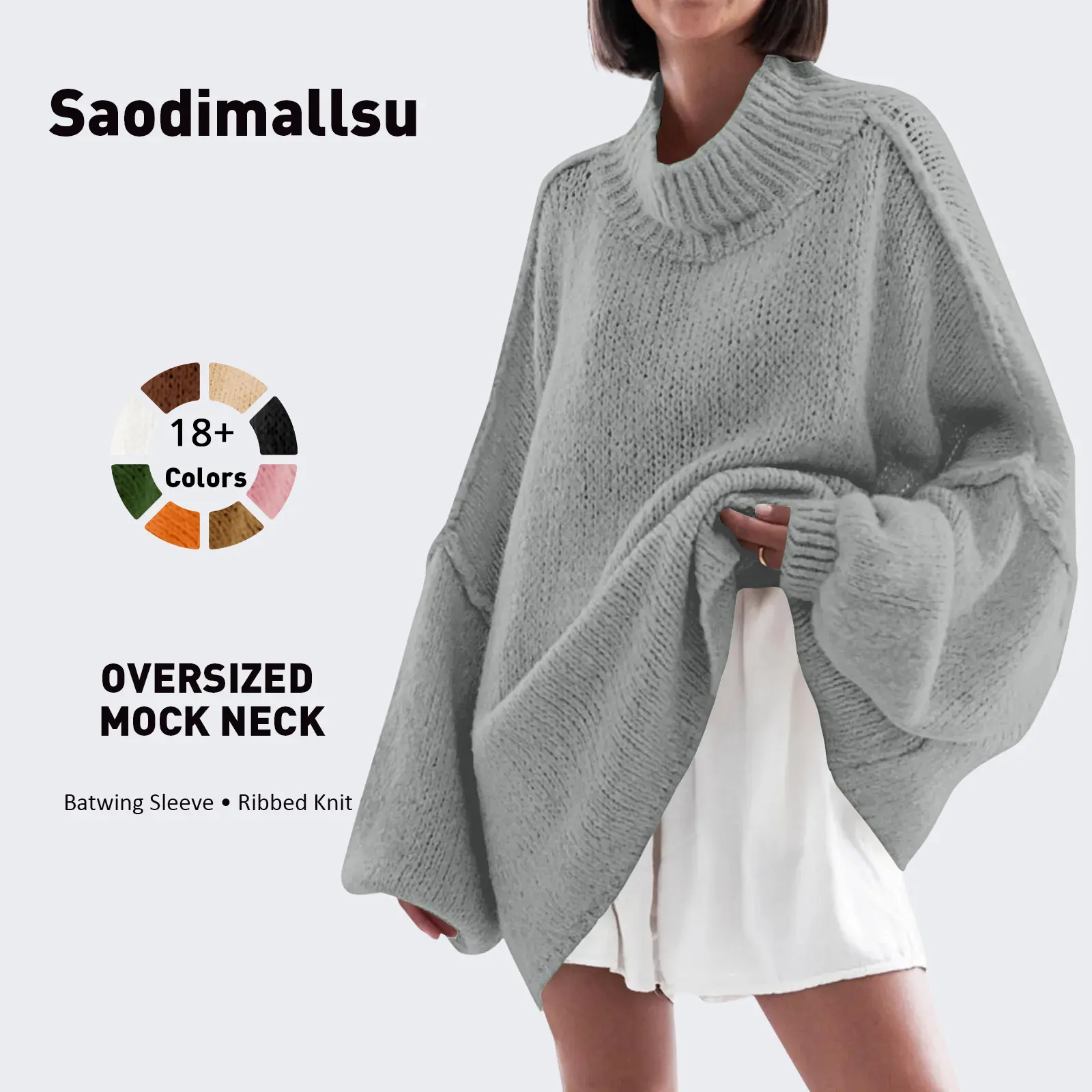Saodimallsu Women's Mock Neck Sweater, Loose Fitting Batwing Sleeve Ribbed Fabric Top, Casual Long Length Pullover for Fall, Knitwear, Soft, Elegant, Machine Washable, Mid-Weight Ribbed Knit, Polyester, Multi-Function, Pull On, Refer To Size Chart, Ribbed