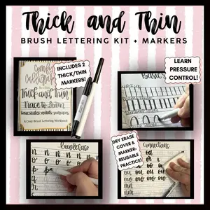 Comfy Thick & Thin Brush Lettering Workbook | Beginner Calligraphy Practice Kit | Reusable Dry Erase System + Washable Marker Included