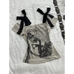 Y2k T-shirt Skull Print Goth Woman Clothing Short Sleeve 2000s Punk Crop Top Lace Sexy Off Shoulder American Harajuku Womenswear Tshirt Casual Crewneck