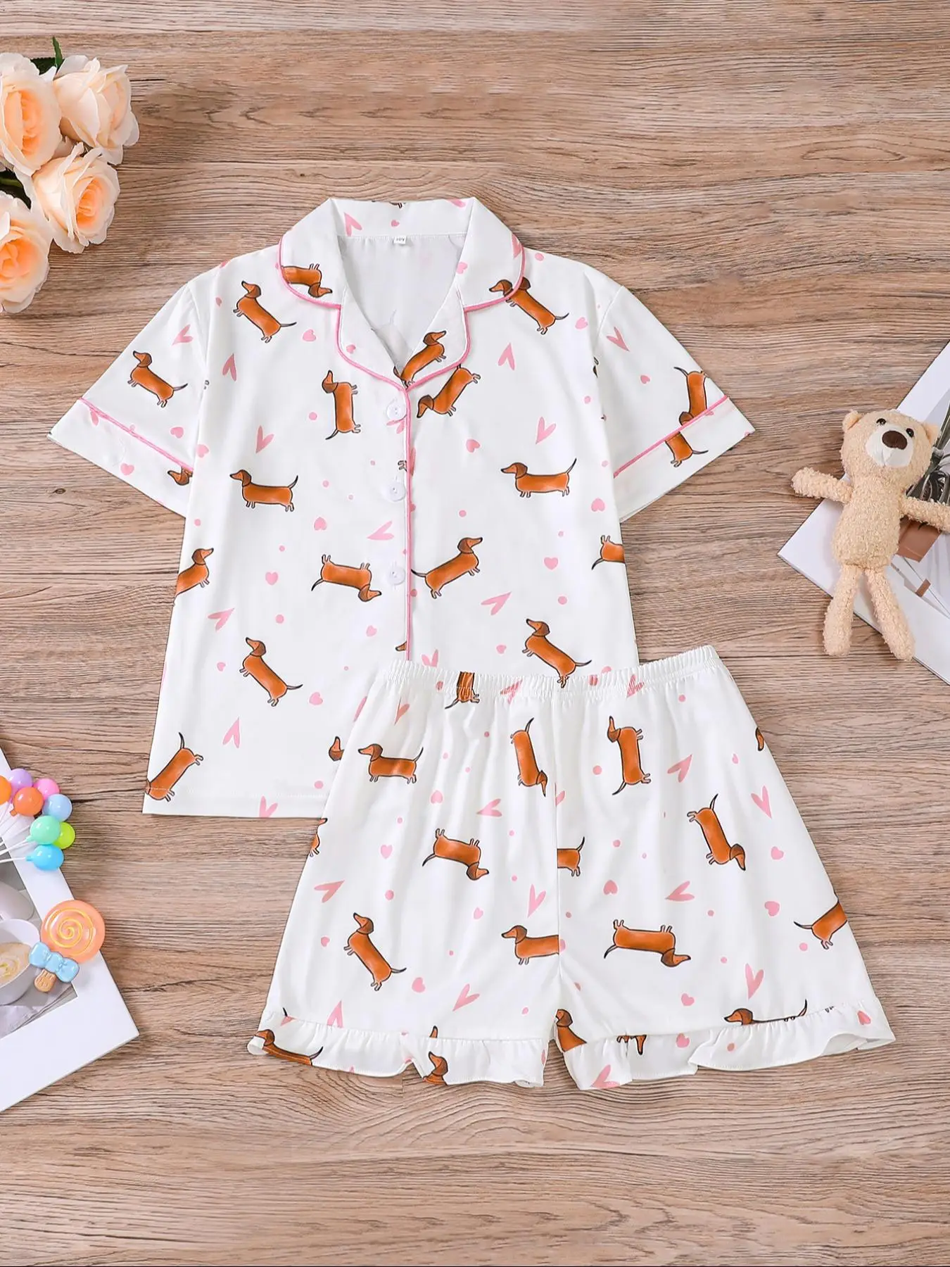 Cartoon Dog Print Top & Shorts Pajama, Casual Comfy Short Sleeve Lapel Neck Top & Shorts Pj Set, Kids Sleepwear for Summer, Soft Casual Pajamas, Pajam