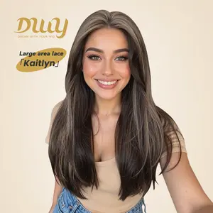 Kaitlyn C-NEW!! DWY 13x4 Lace Front Free Part Linen Brown with Highlights Hand-Tied Top Middle Length Glueless Synthetic Wig for Women 22 Inches Natural Hairline