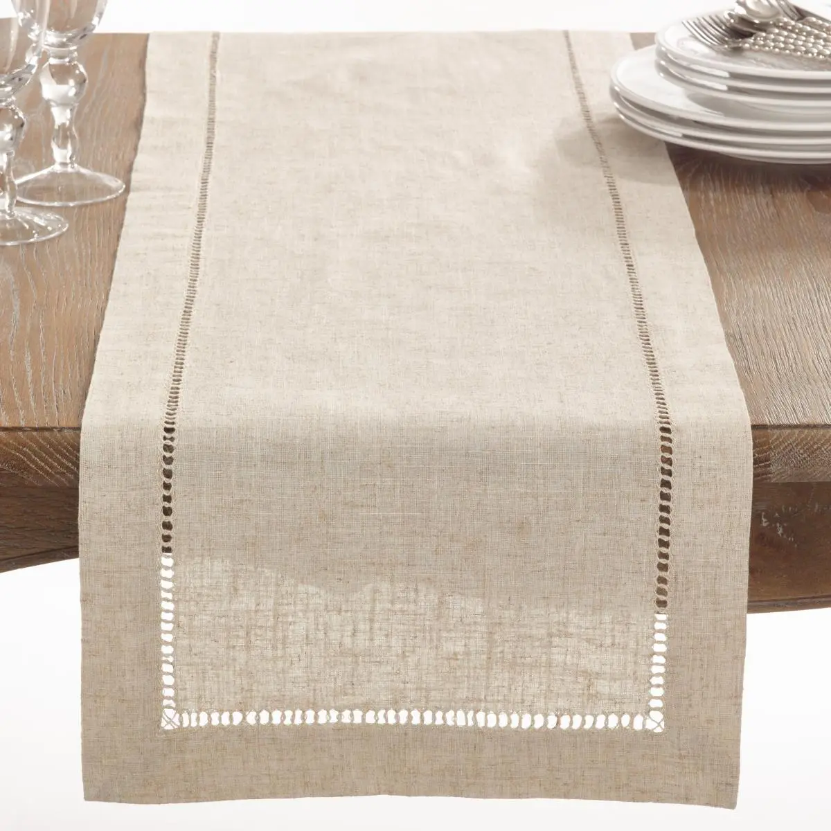 212 MAIN Rectangular Shape 72 in. Hemstitched Linen Blend Table Runner - Natural, Dinner Table, Table Linens