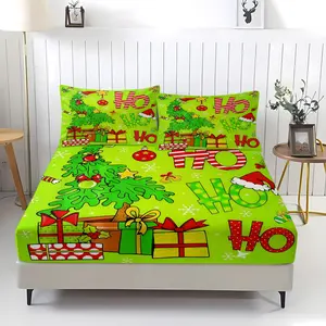 Grinch patterned bed sheet, including 1 bed sheet and 2 pillowcases, comfortable bedding, non slip dust cover suitable for bedrooms and guest rooms, suitable for children and adults as gifts