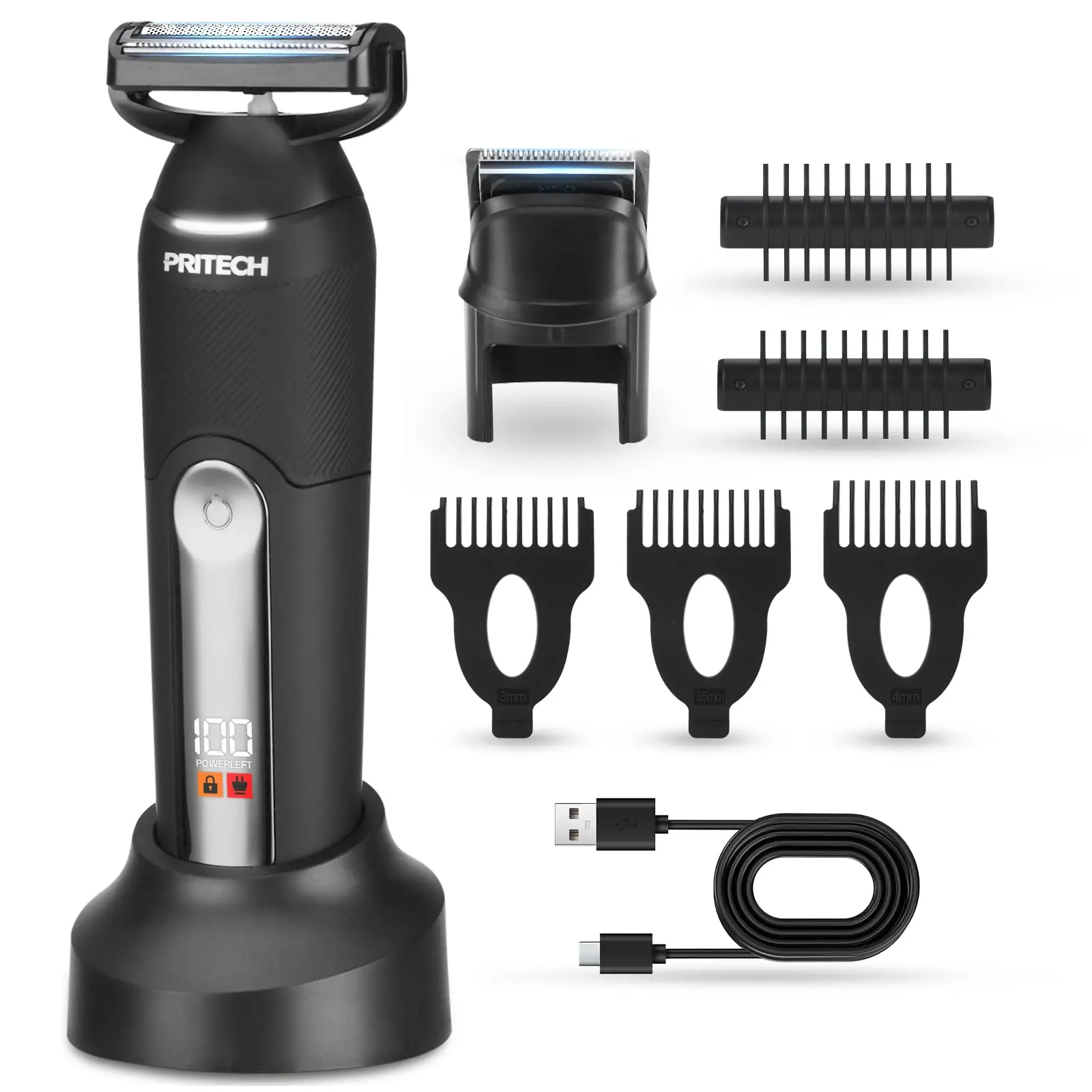 PRITECH Electric Body Hair Trimmer - Waterproof Mens Groin Hair Trimmer Ball Shaver USB Recharge Dock Body Grooming Kit with Ceramic Blade Male Hygiene Razor