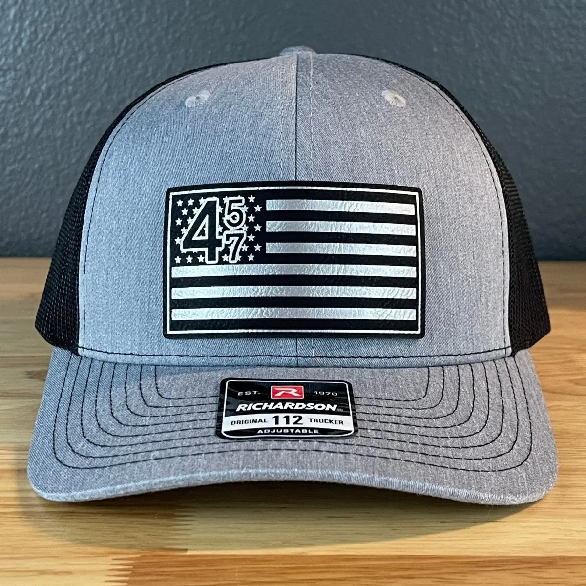 45 47 American Flag Patriotic SnapBack Trucker Leather Patch Hat Blk/Silv