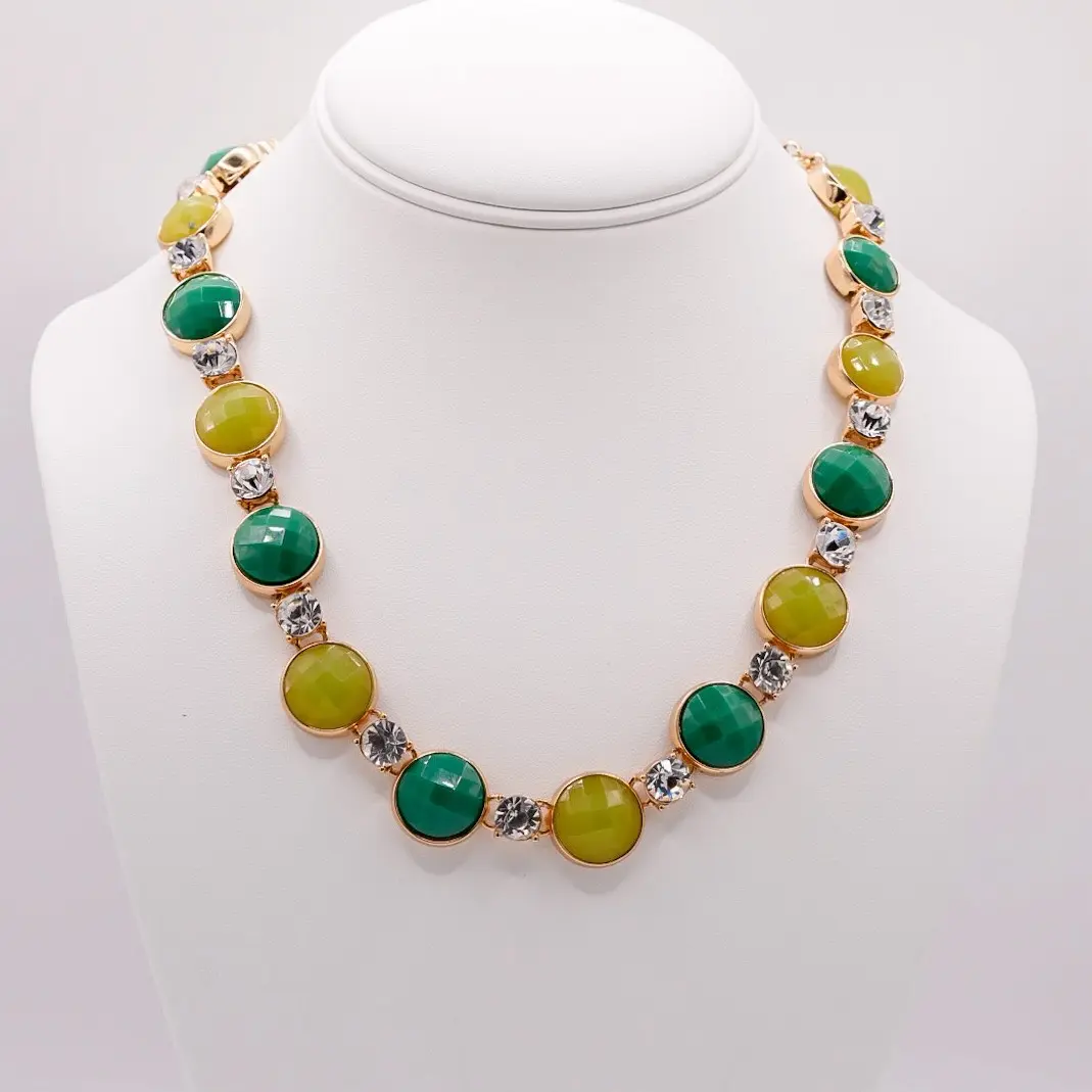 Anne Klein Vintage Necklace Gold Tone with Green Faceted Stones & Rhinestones 15" Length Evening Wear Plastic Fabric Engagement Jewelry