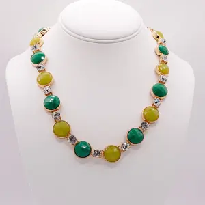 Anne Klein Vintage Necklace Gold Tone with Green Faceted Stones & Rhinestones 15" Length Evening Wear Plastic Fabric Engagement Jewelry