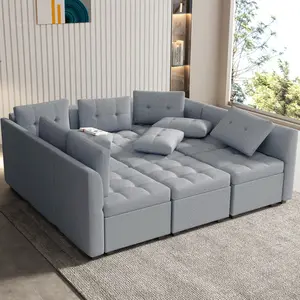 Sectional Sofa with Convertible 9 Seat, Storable Modular Couch, 2 in 1 Sleeper Sofa Bed for Living Room, Chaise HYEASTR with Adjustable Backrest/Armrest, Cotton Linen, Grey
