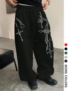 Men's Casual Loose-Fit Drawstring Pants, Graphic Key & Cross Print Sweatpants, All-Season Comfortable Men's Clothing for Daily Wear, Casual Fit Bottoms