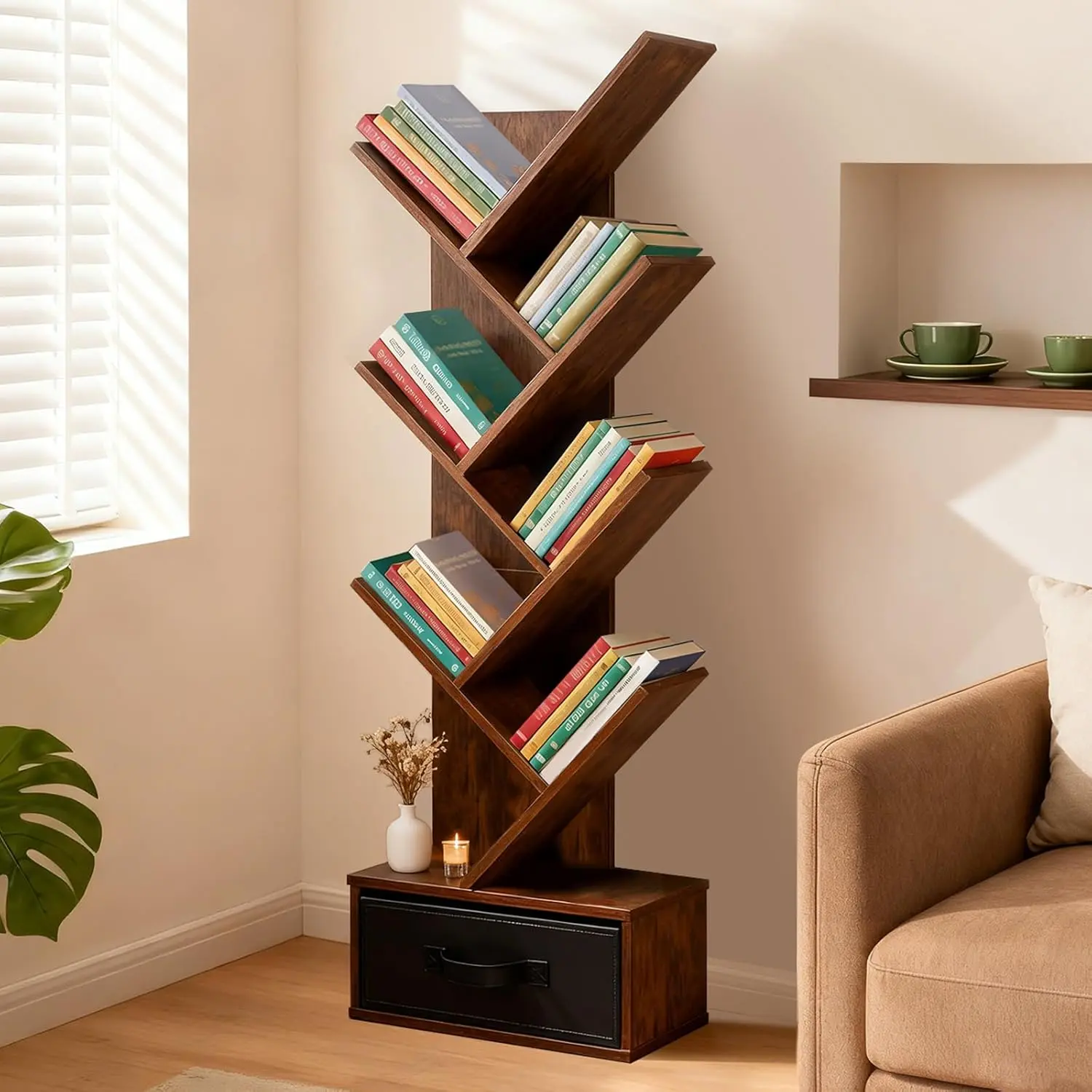 7 Tier Bookshelf with Drawer, Tree Bookshelf, Small Bookshelves with Storage Rack for CD/Movies/Books, Standing Book Shelf, Tall Narrow Bookcase for Living Room, Bedroom, Rustic Brown