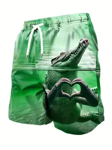 2025 New Men'S Stylish Print Beach Shorts, Popular 3D Crocodile Pattern, - Casual Polyester Drawstring Waist, Lightweight And Comfortable for Summer, Perfect for Casual Wear | Drawstring Shorts | Comfortable Fitting Shorts for The Beach, Golf