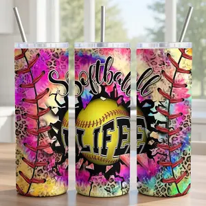 Softball Life Tumbler 20oz - 18/8 Food-Grade Stainless Steel Insulated Cup with Lid, Metal Straw & Brush - 3D Break Through Design, Neon Leopard Print Gameday Gear - Softball Player Gift, Coach Appreciation - Ships in 2 Days