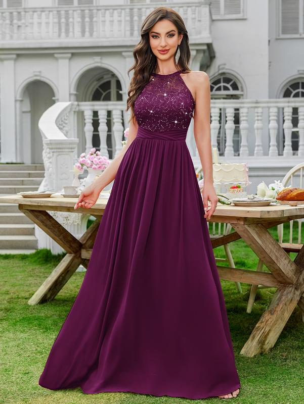 MIUSOL 24447A Women's Sequin Lace Sleeveless Halter Tie Back Ruched Waist Design Formal Evening Gowns Maxi Dress for Formal Event, Evening Party, Banquet, Festival, Quinceaneradress, Bridesmaid Dress