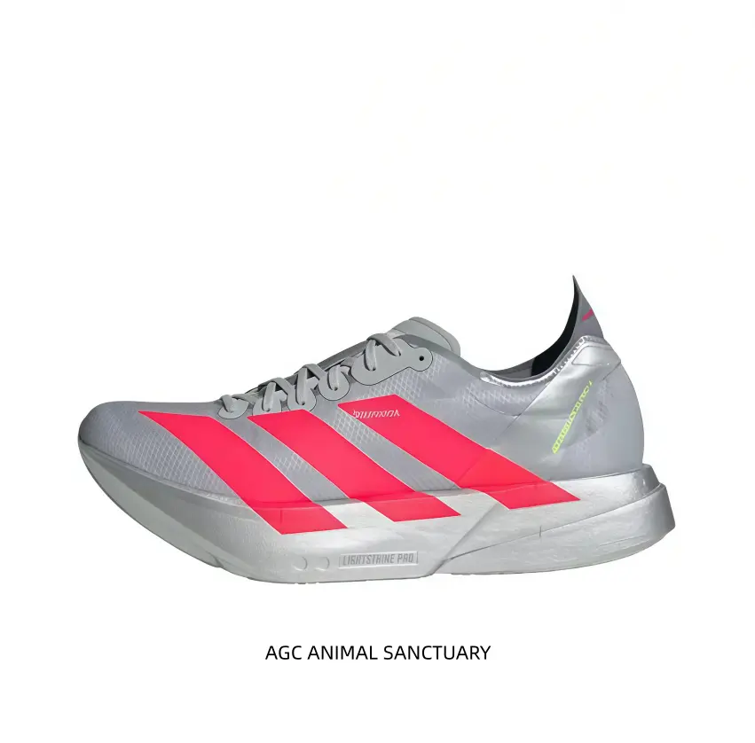 adidas Adizero Adios Pro 4 metallic silver racing carbon running shoes, EnergyRod 2.0 carbon propulsion system, Lightstrike Pro high-rebound cushion for marathon PB breaking.