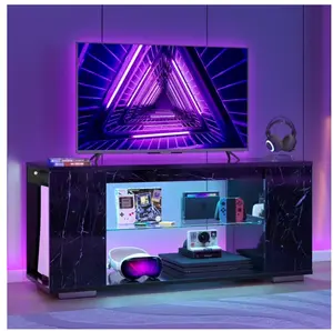 Marble TV Stand for TVs up to 55",LED Gaming Entertainment Center with Side Bookshelf, Marble Black